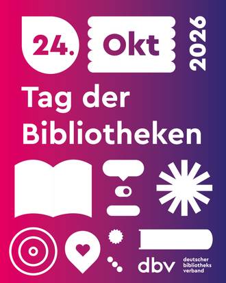 Grafisches Plakat zum Tag der Bibliotheken mit Farbverlauf von Pink bis Violett, das die Medienvielfalt zeigt.